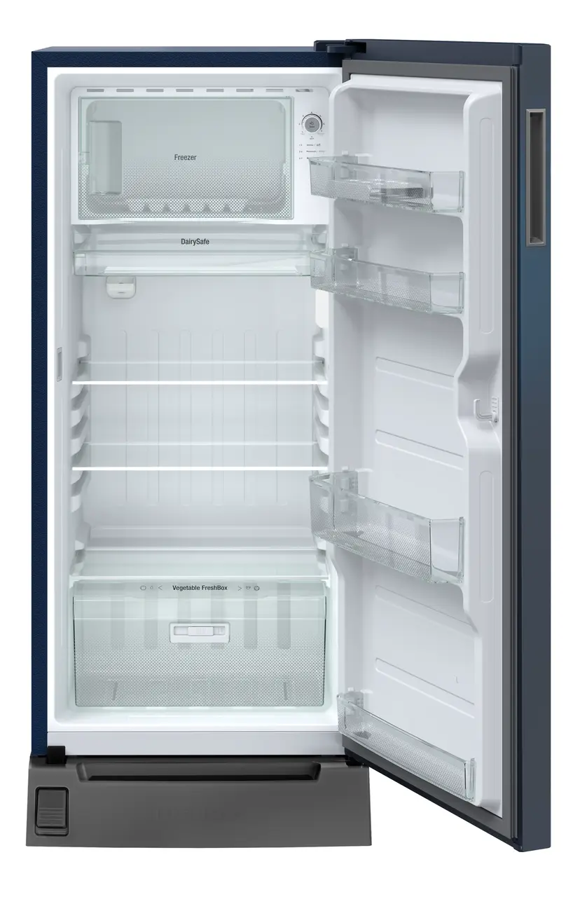 Product image, Perspective: straight open empty, Single-door fridge, 191 l in 2 star with foot pedal base drawer, Casing colour: blue, Door colour: Blue Wonder