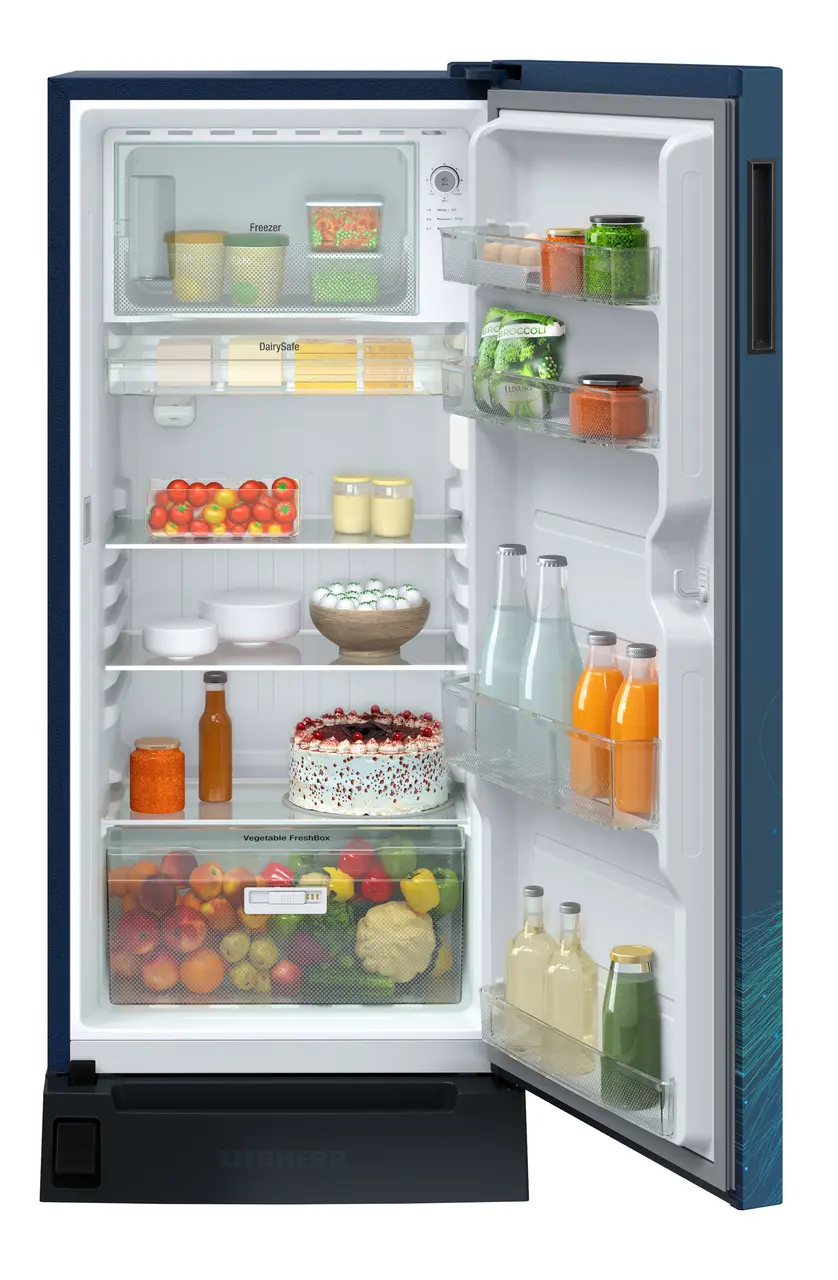 Product image, Perspective: straight open decorated, Single-door refrigerator 191 l in 3 star with foot pedal base drawer, Casing colour: blue, Door colour: Azure Strings