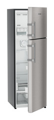 Product image, Perspective: oblique half-open empty, Fridge-freezer with NoFrost, Casing colour: grey, Door colour: Stainless Steel