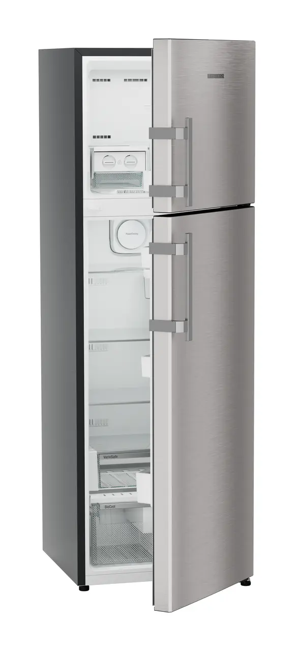 Product image, Perspective: oblique half-open empty, Fridge-freezer with NoFrost, Casing colour: grey, Door colour: Stainless Steel