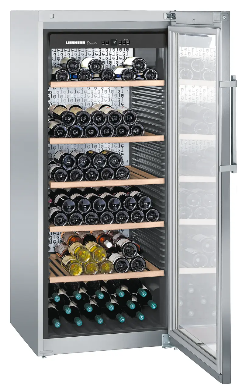 Product image, Perspective: oblique open decorated, Wine storage cabinet, Casing colour: stainless steel, Door colour: silver