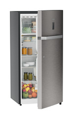 Product image, Perspective: oblique half-open decorated, Single-door refrigerator 191 l in 4 star with iCoolTouch UI, Casing colour: grey, Door colour: Stainless Steel