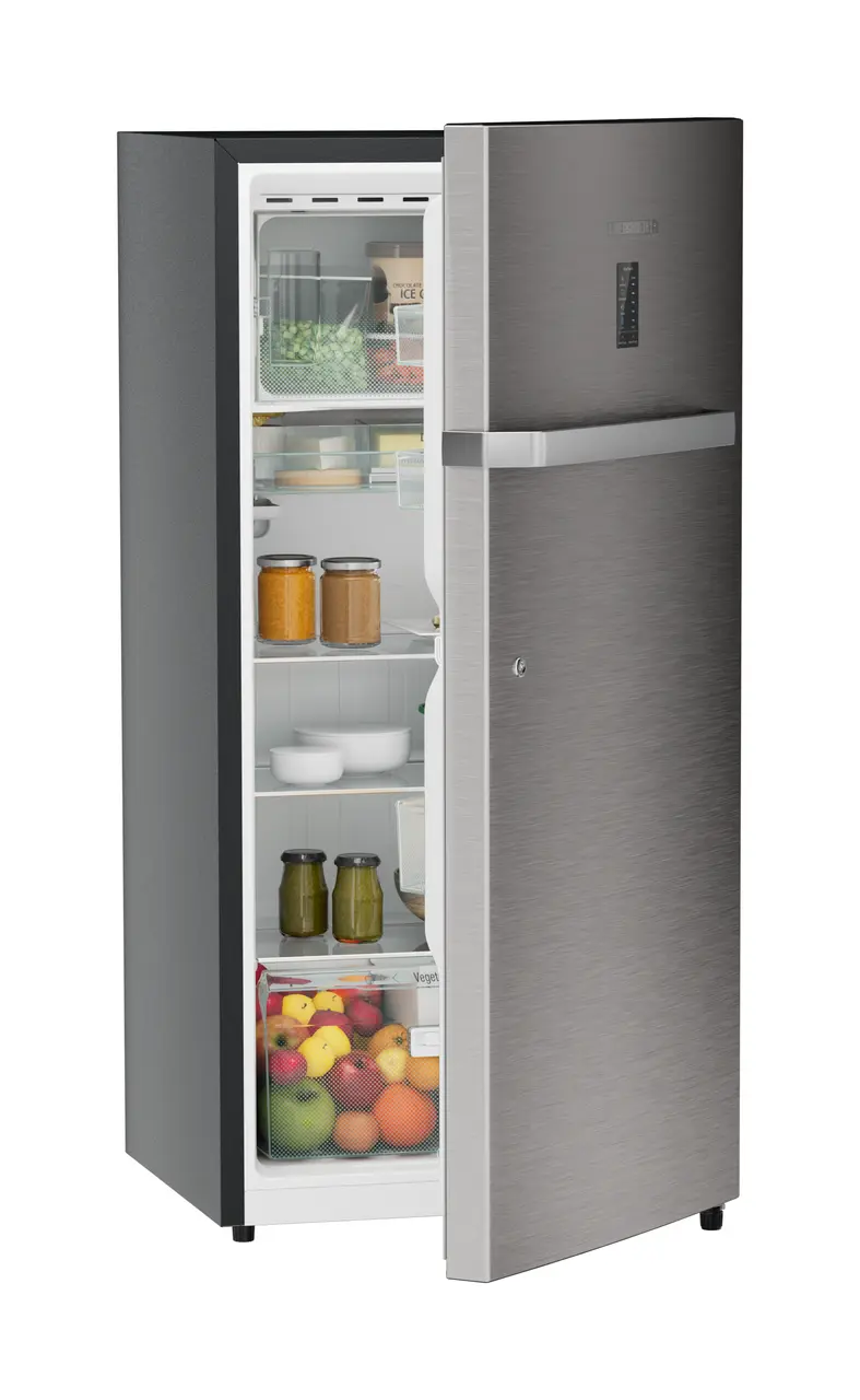 Product image, Perspective: oblique half-open decorated, Single-door refrigerator 191 l in 4 star with iCoolTouch UI, Casing colour: grey, Door colour: Stainless Steel