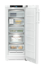 Produkt-Bild, Perspektive: gerade offen dekoriert, Standgefrierschrank mit NoFrost, Gehäusefarbe: Weiß, Türfarbe: Weiß