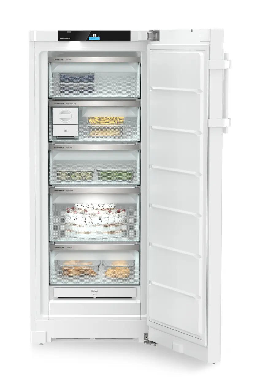 Produkt-Bild, Perspektive: gerade offen dekoriert, Standgefrierschrank mit NoFrost, Gehäusefarbe: Weiß, Türfarbe: Weiß