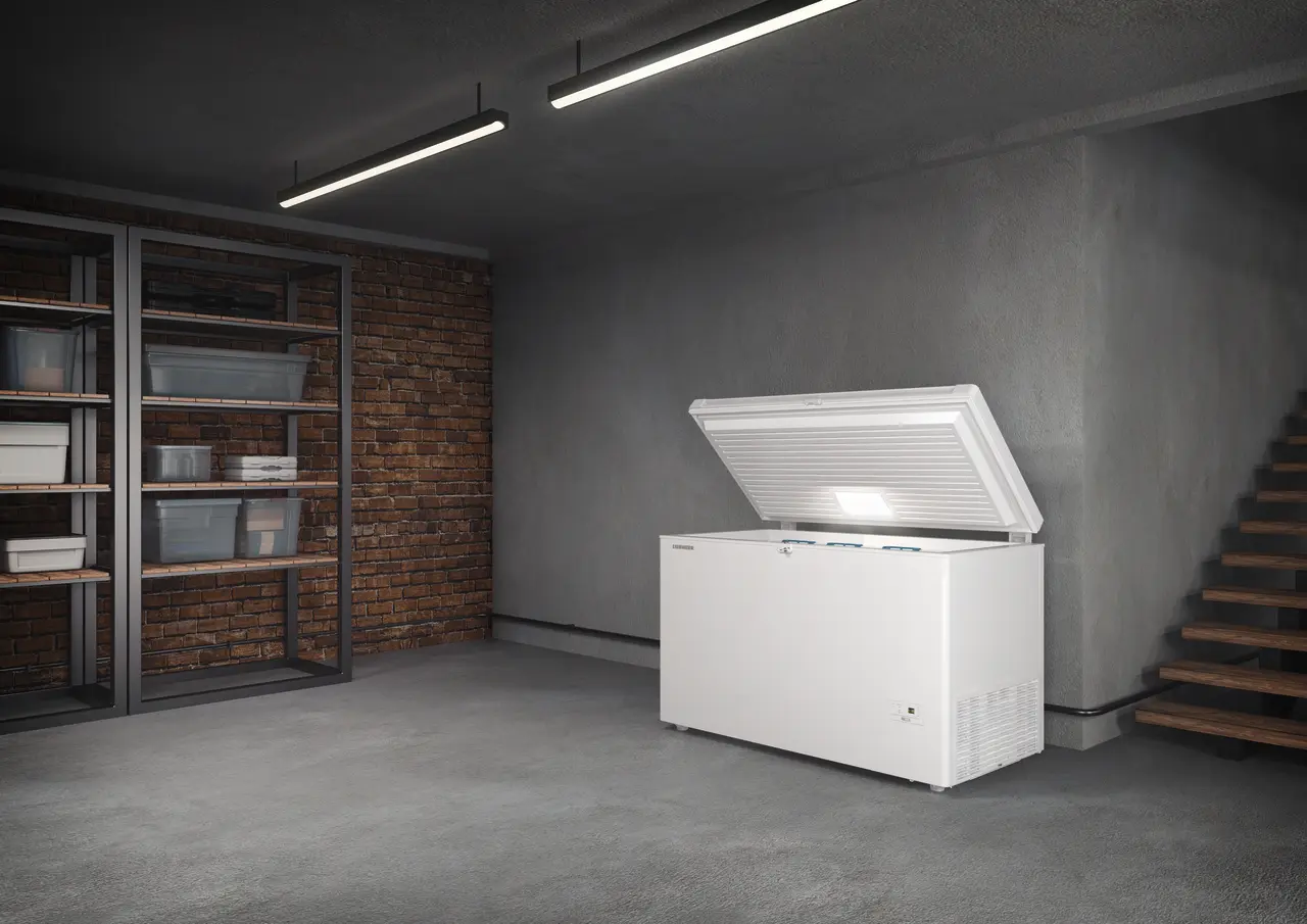 Produkt-Bild, Perspektive: Milieu, Gefriertruhe, Gehäusefarbe: Weiß, Türfarbe: Weiß