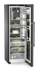 Product image, Perspective: oblique open decorated, Freestanding refrigerator with BioFresh Professional, Casing colour: BlackSteel, Door colour: BlackSteel