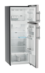 Product image, Perspective: oblique open empty, Fridge-freezer with NoFrost, Casing colour: grey, Door colour: Stainless Steel