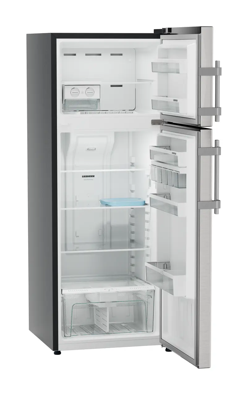 Product image, Perspective: oblique open empty, Fridge-freezer with NoFrost, Casing colour: grey, Door colour: Stainless Steel