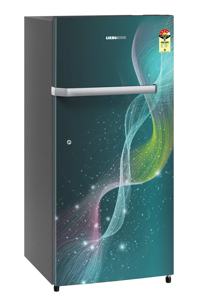 Product image, Perspective: oblique closed, Single-door fridge 191 l in 4 star with inverter compressor, Casing colour: grey, Door colour: Teal Strings