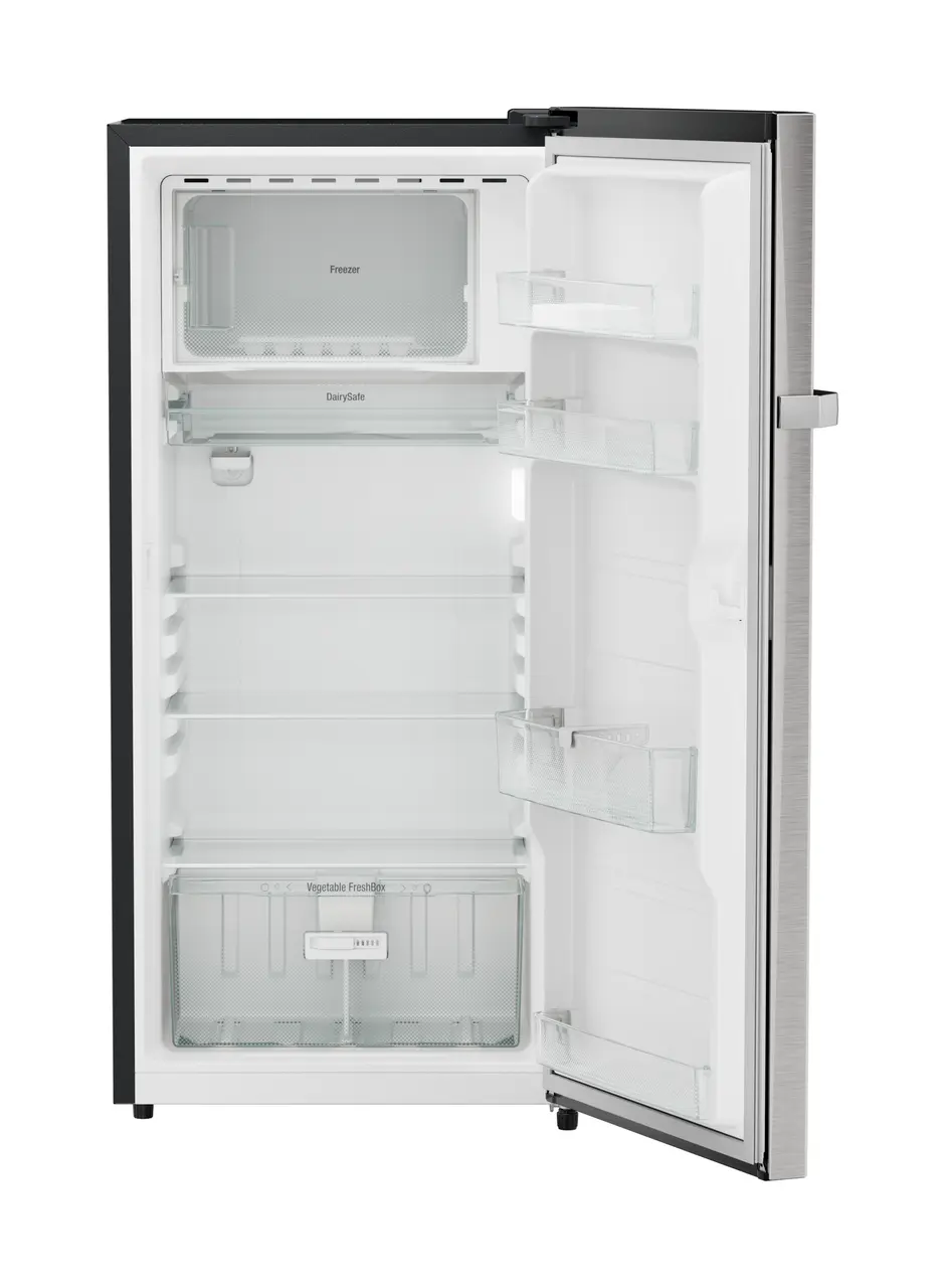 Product image, Perspective: straight open empty, Single-door refrigerator 191 l in 4 star with iCoolTouch UI, Casing colour: grey, Door colour: Stainless Steel
