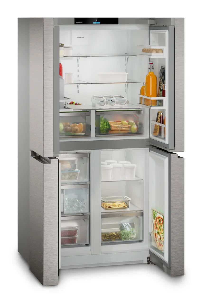 Product image, Perspective: oblique open decorated, 4-door French Door fridge-freezer with EasyTwist-Ice, Casing colour: silver, Door colour: stainless steel