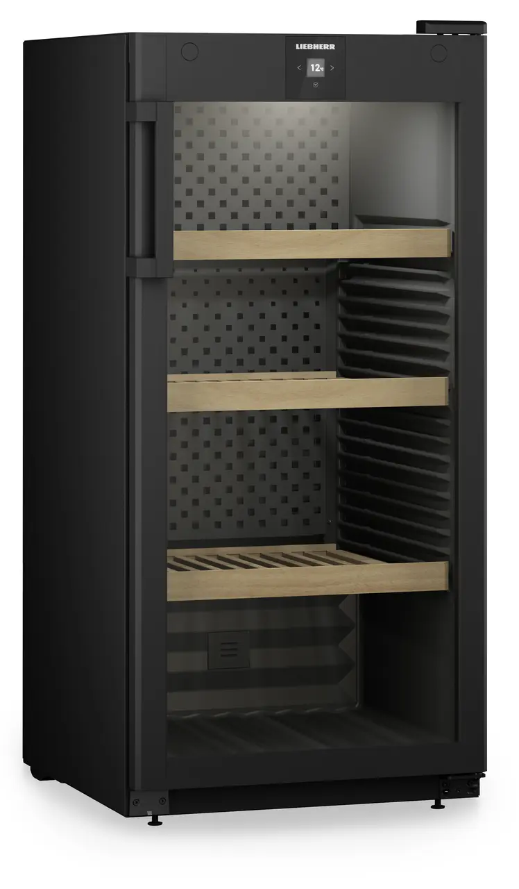 Product image, Perspective: oblique closed empty, Wine storage cabinet, Casing colour: black, Door colour: black