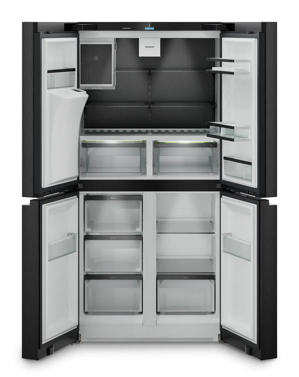 Termékkép, Perspektíva: Egyenes nyitott üres, 4 ajtós francia ajtós hűtő-fagyasztó víz- és jégkocka adagolóval