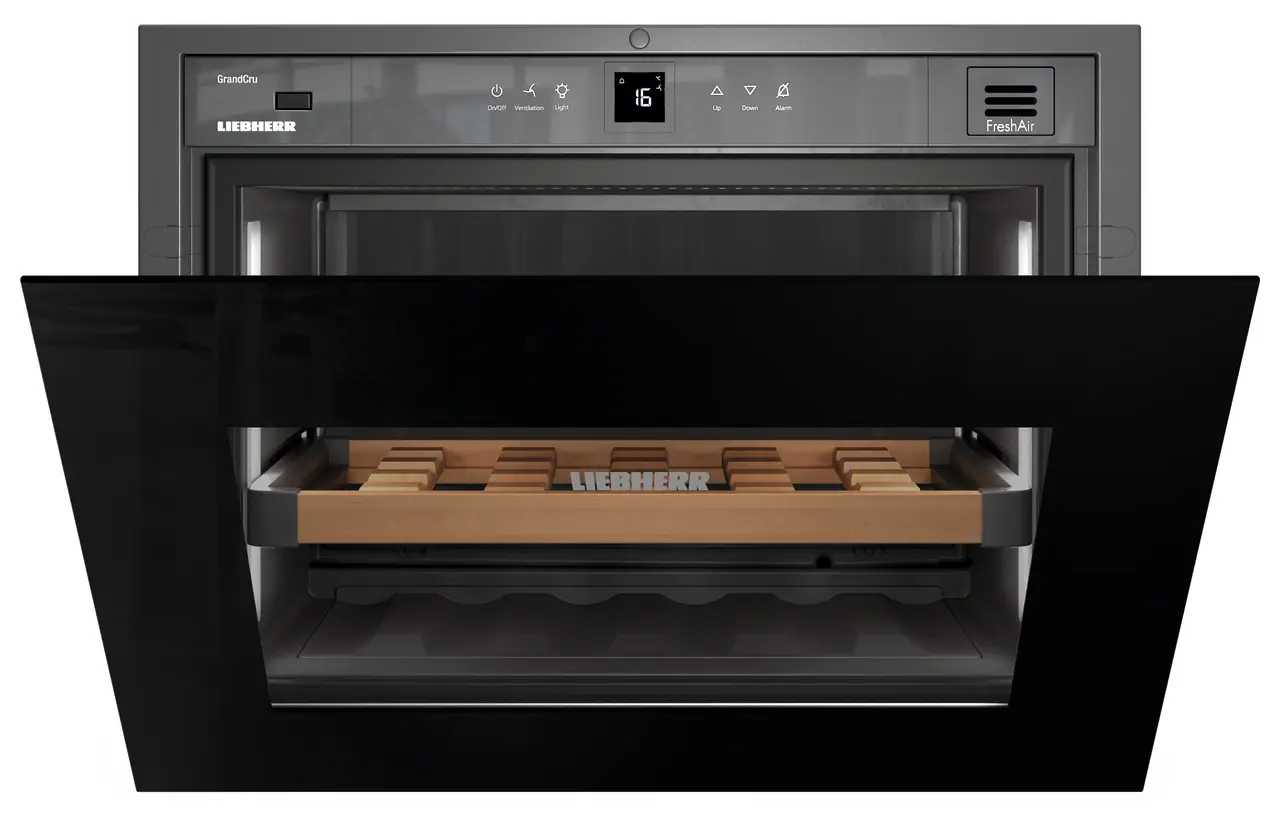 Product image, Perspective: straight half-open empty, Built-in wine storage cabinet, Casing colour: white, Door colour: black