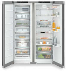 Изображение на продукта, Перспектива: Отпред, отворен, отворен с продукти, Комбинация Side-by-Side, Цвят на корпуса: фино сребро, Цвят на вратата: благородна стомана