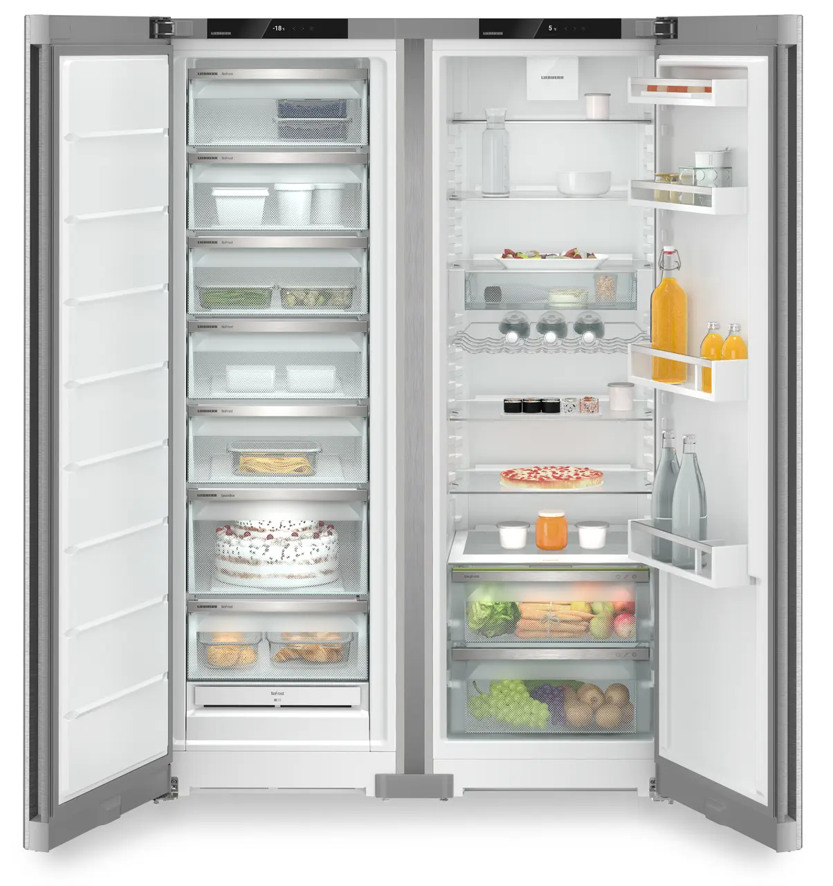 Изображение на продукта, Перспектива: Отпред, отворен, отворен с продукти, Комбинация Side-by-Side, Цвят на корпуса: фино сребро, Цвят на вратата: благородна стомана