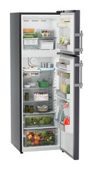 Product image, Perspective: oblique open decorated, Fridge-freezer with NoFrost, Casing colour: grey, Door colour: Cobalt Steel