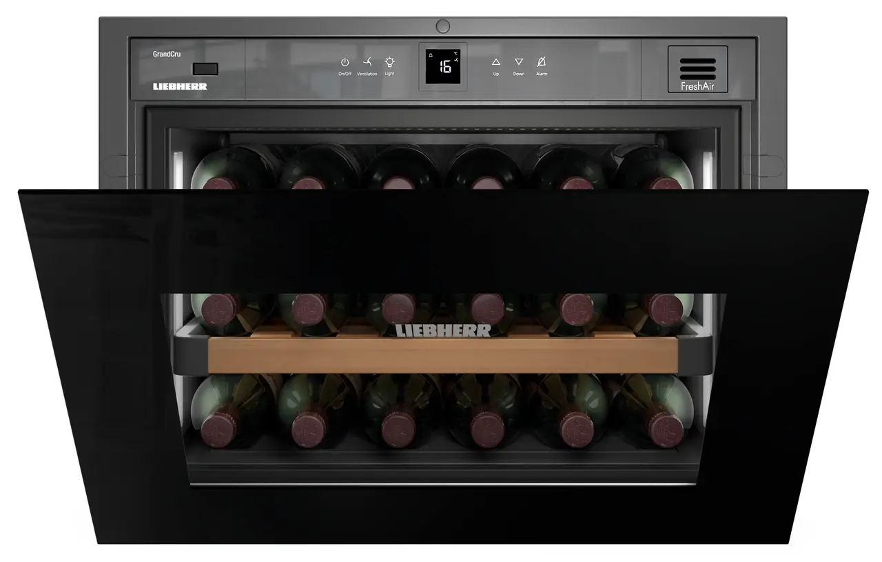 Product image, Perspective: straight half-open decorated, Built-in wine storage cabinet, Casing colour: white, Door colour: black