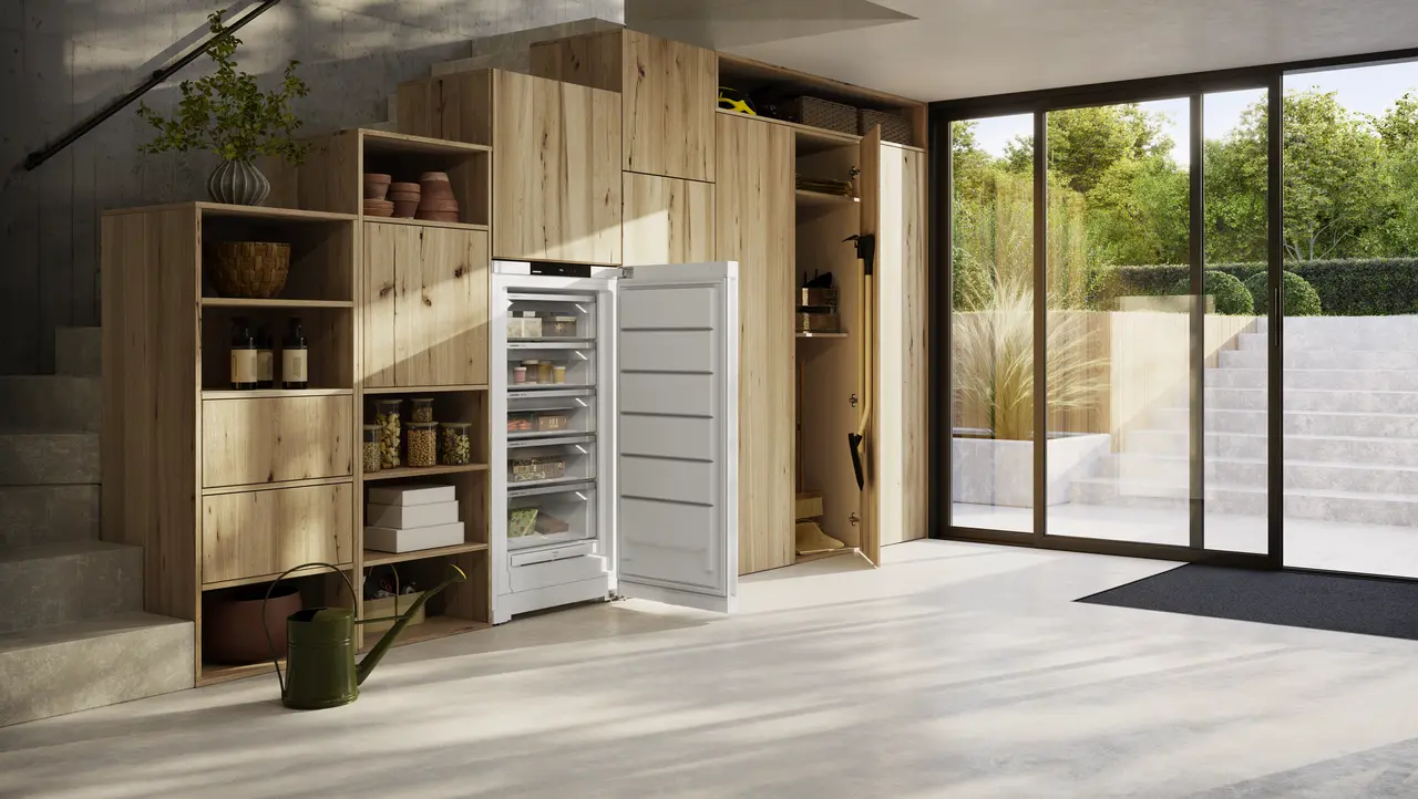 Produkt-Bild, Perspektive: Milieu, Standgefrierschrank mit NoFrost und umweltbewussten Materialien, Gehäusefarbe: Weiß, Türfarbe: Weiß