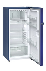 Product image, Perspective: oblique open empty, Single-door refrigerator 191 l in 2 Star and with horizontal handle, Casing colour: blue, Door colour: Blue Hibiskus