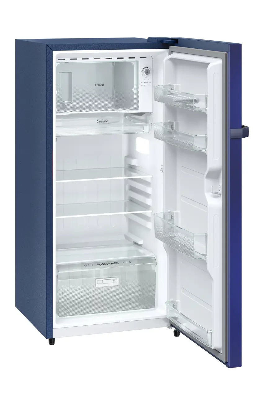 Product image, Perspective: oblique open empty, Single-door refrigerator 191 l in 2 Star and with horizontal handle, Casing colour: blue, Door colour: Blue Hibiskus