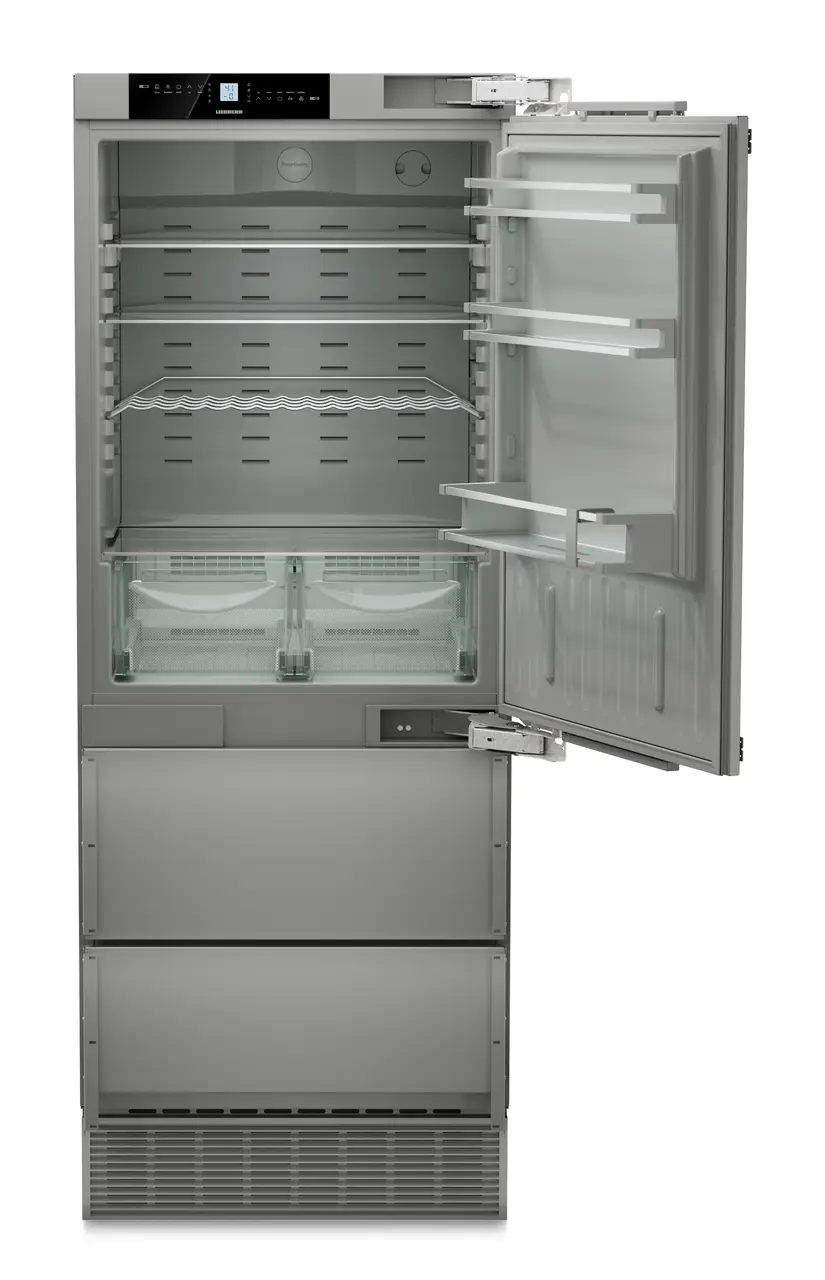 Product image, Perspective: straight open empty, Combined refrigerator-freezer with NoFrost for integrated use, Casing colour: Anthracite