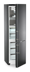 Product image, Perspective: oblique half-open empty, Fridge-freezer with BioFresh and NoFrost, Casing colour: BlackSteel, Door colour: BlackSteel