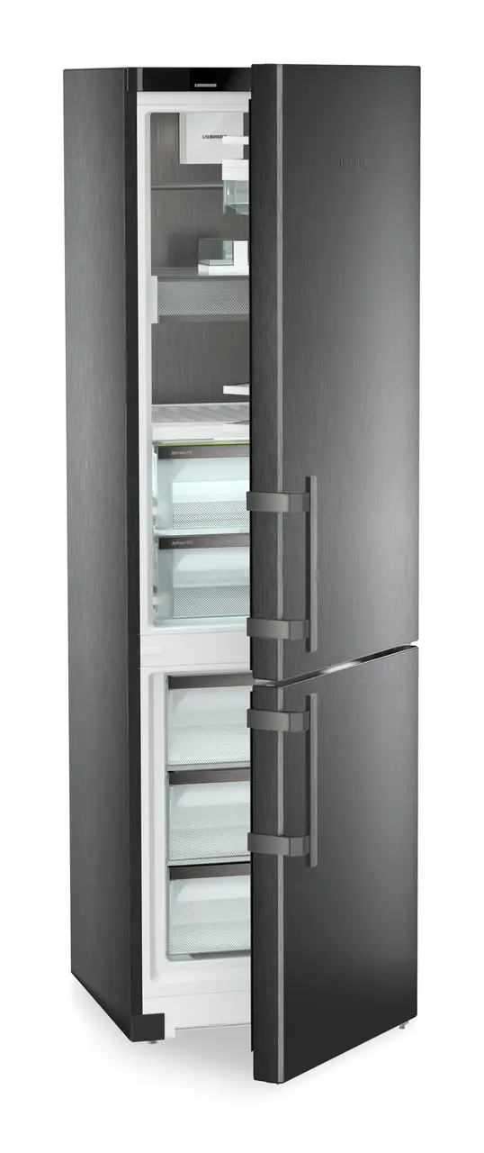 Product image, Perspective: oblique half-open empty, Fridge-freezer with BioFresh and NoFrost, Casing colour: BlackSteel, Door colour: BlackSteel