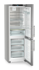 Product image, Perspective: oblique open empty, Combined fridge-freezers with EasyFresh and NoFrost, Casing colour: silver, Door colour: stainless steel