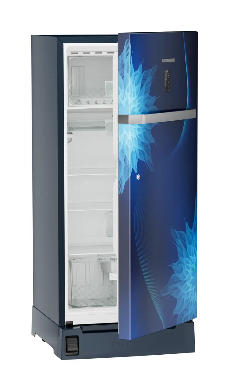 Product image, Perspective: oblique half-open empty, Single-door refrigerator 191 l with foot pedal base drawer and iCoolTouch UI, Casing colour: blue, Door colour: Blue Mystiq