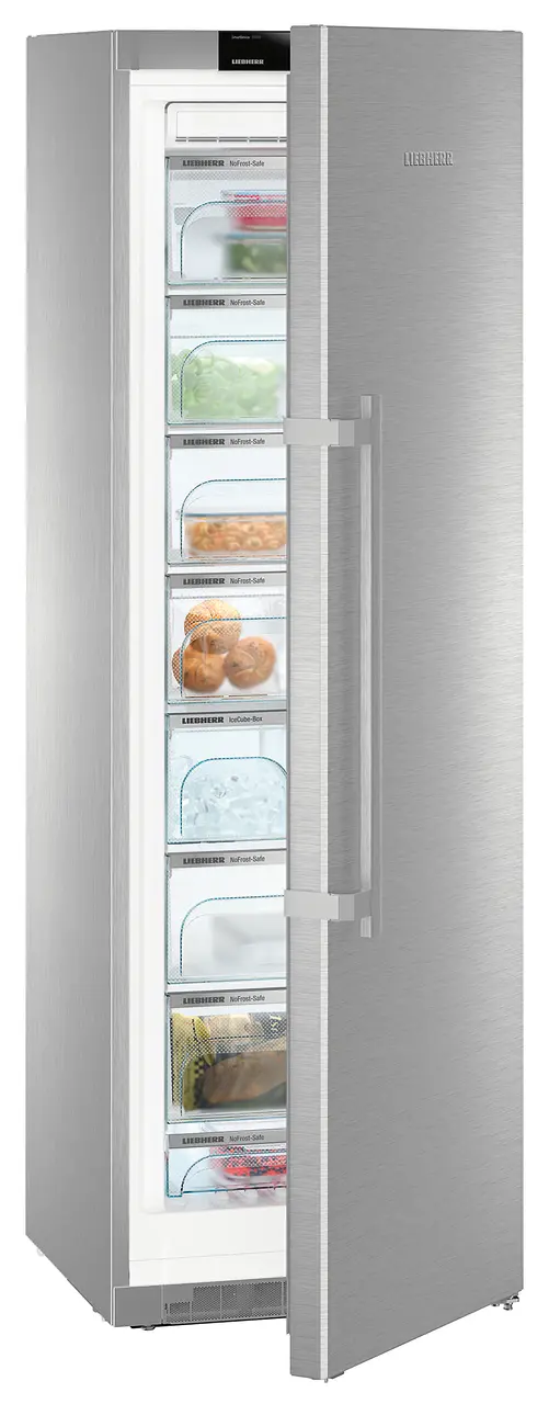 Product image, Perspective: oblique half-open decorated, Freestanding freezer with NoFrost, Casing colour: stainless steel, Door colour: stainless steel