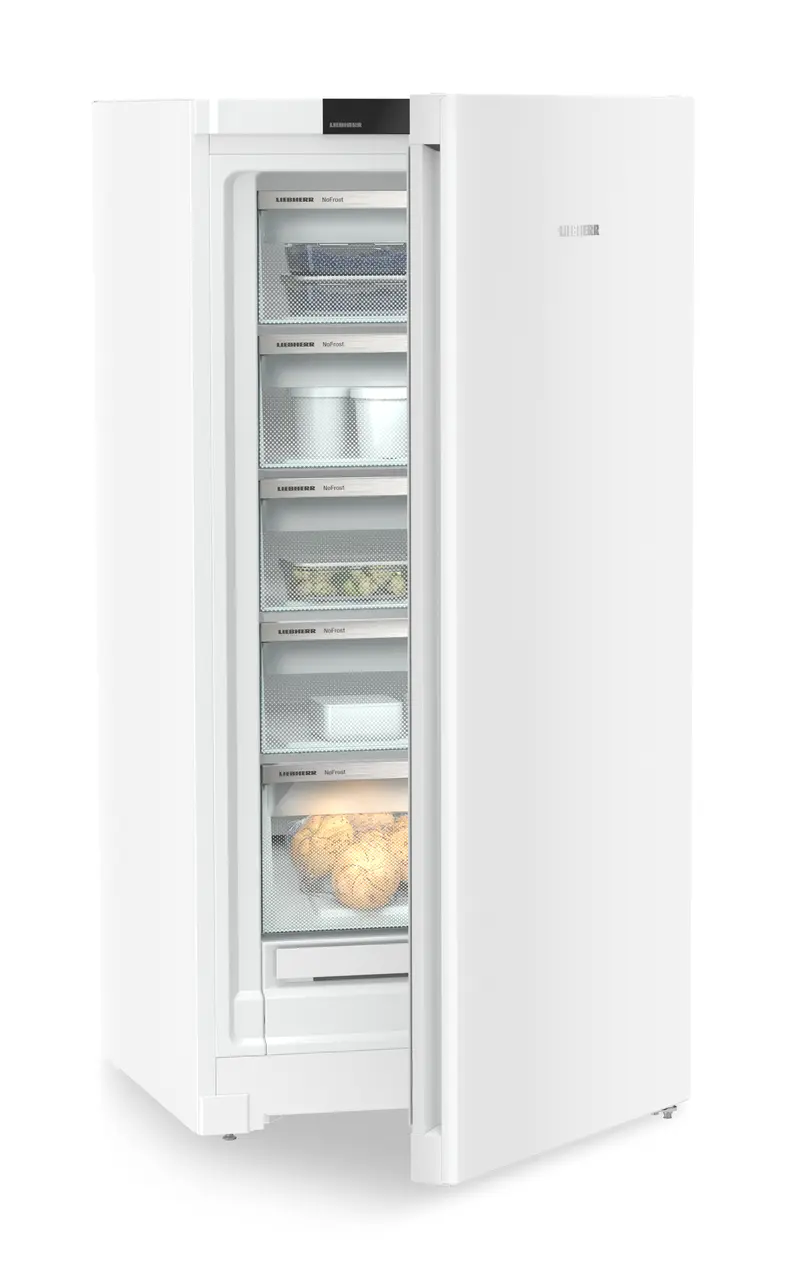 Product image, Perspective: oblique half-open decorated, Freestanding freezer with NoFrost, Casing colour: white, Door colour: white