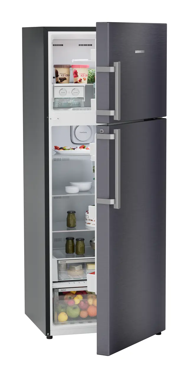 Product image, Perspective: oblique half-open decorated, Fridge-freezer with NoFrost, Casing colour: grey, Door colour: Cobalt Steel