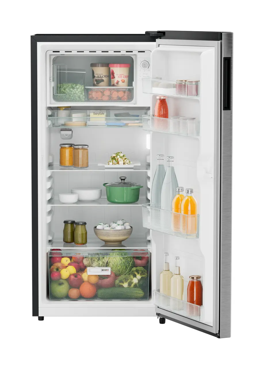 Product image, Perspective: straight open decorated, Single-door refrigerator 191 l in 3 star with VegFresh box, Casing colour: grey, Door colour: Silver Steel