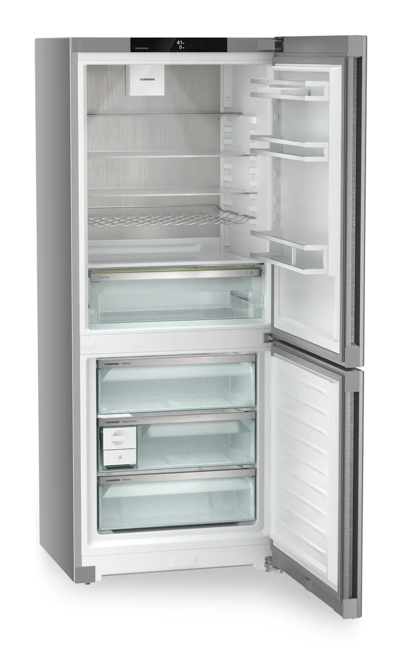 Product image, Perspective: oblique open empty, Combined fridge-freezers with EasyFresh and NoFrost, Casing colour: silver, Door colour: stainless steel