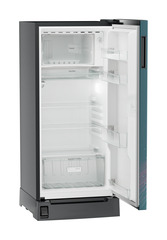 Product image, Perspective: oblique open empty, Single-door refrigerator 191 l in 5 star with inverter compressor, Casing colour: grey, Door colour: Teal Strings