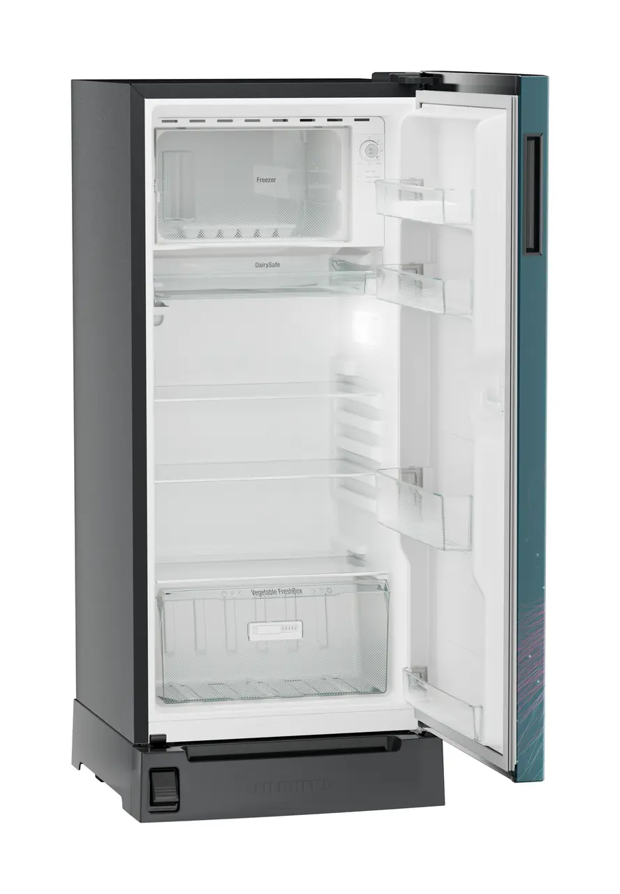 Product image, Perspective: oblique open empty, Single-door refrigerator 191 l in 5 star with inverter compressor, Casing colour: grey, Door colour: Teal Strings