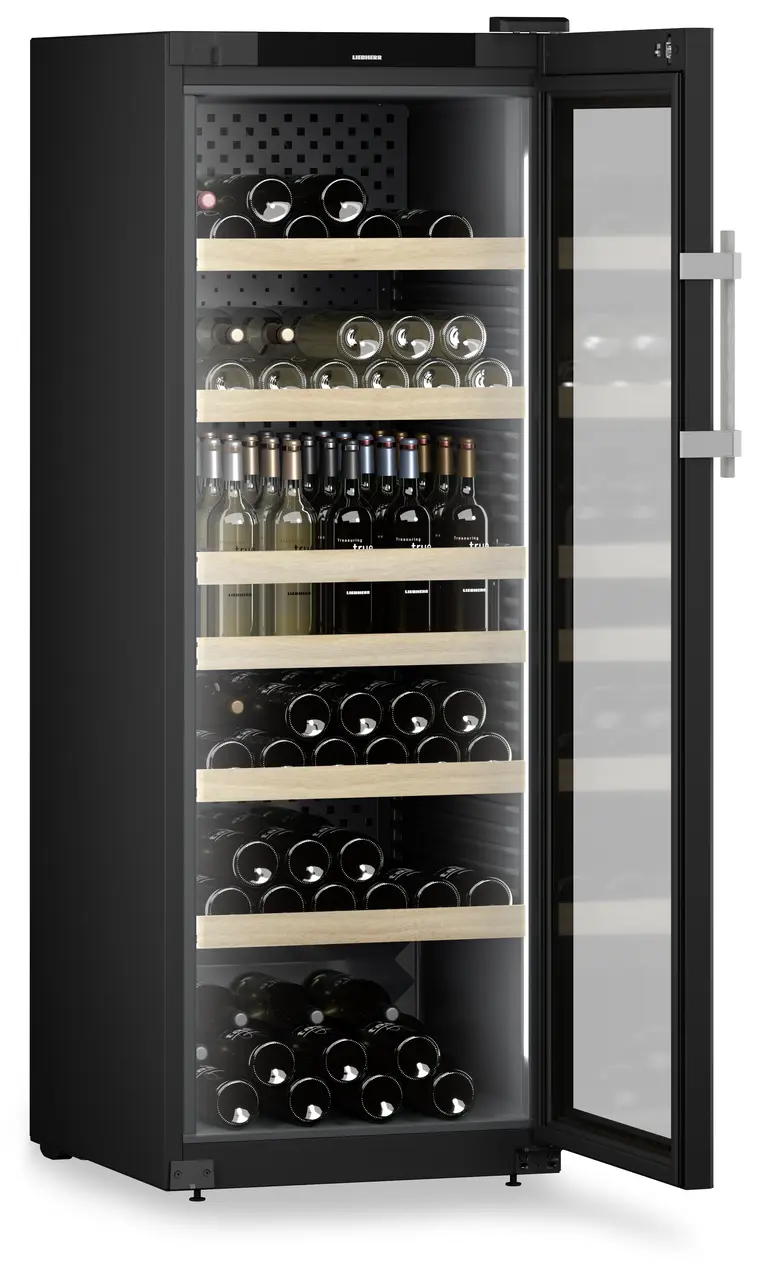 Product image, Perspective: oblique open decorated, Wine cabinet Professional, Casing colour: black, Door colour: black
