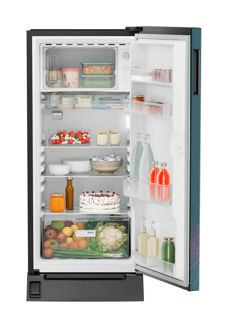 Product image, Perspective: straight open decorated, Single-door refrigerator 191 l in 5 star with inverter compressor, Casing colour: grey, Door colour: Teal Strings