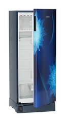 Product image, Perspective: oblique half-open empty, Single-door refrigerator 222 l in 5 star with foot pedal base drawer, Casing colour: blue, Door colour: Blue Mystiq