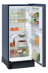 Product image, Perspective: oblique open decorated, Single-door refrigerator 222 l in 5 star with foot pedal base drawer, Casing colour: blue, Door colour: Blue Rosette