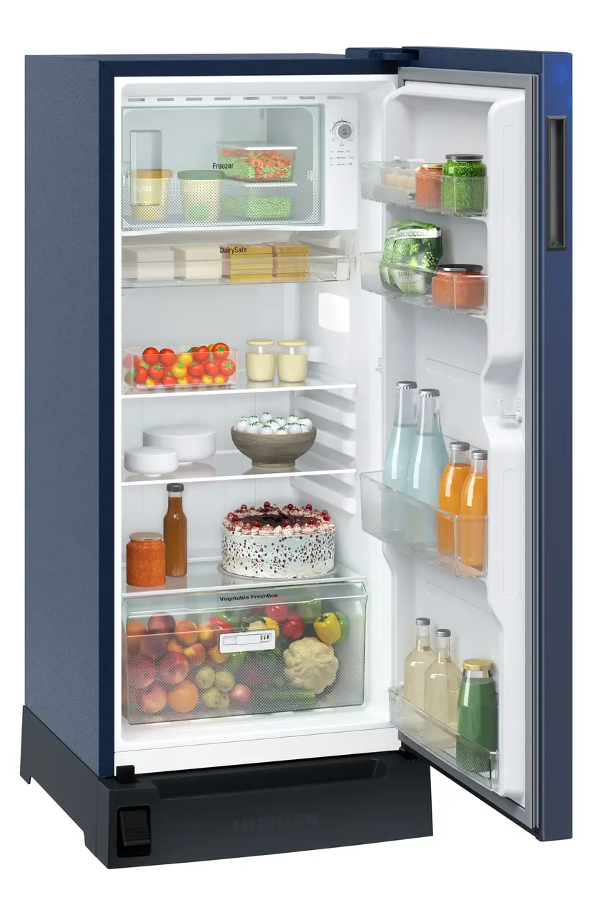 Product image, Perspective: oblique open decorated, Single-door refrigerator 191 l in 3 star with foot pedal base drawer, Casing colour: blue, Door colour: Blue Rosette