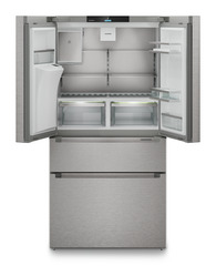 Slika izdelka, Perspektiva: Od spredaj, odprto, prazno, Hladilnik z zamrzovalnikom s francoskimi vrati z 2 zamrzovalnima predaloma in razpršilnikom vode in ledenih kock, Barva ohišja: srebrna, Barva vrat: nerjavno jeklo