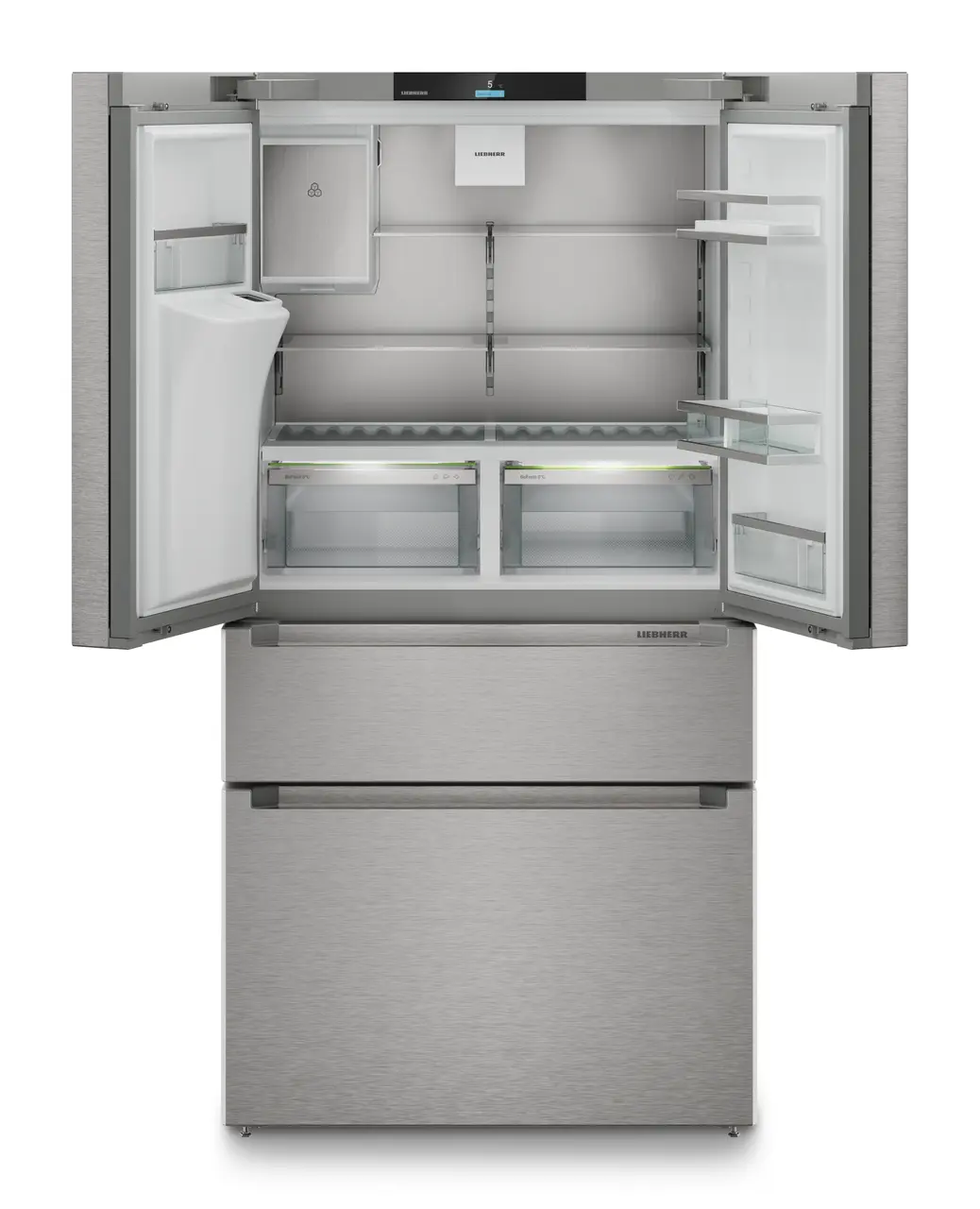 Slika izdelka, Perspektiva: Od spredaj, odprto, prazno, Hladilnik z zamrzovalnikom s francoskimi vrati z 2 zamrzovalnima predaloma in razpršilnikom vode in ledenih kock, Barva ohišja: srebrna, Barva vrat: nerjavno jeklo