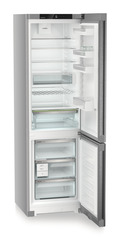 Product image, Perspective: oblique open empty, Combined fridge-freezers with EasyFresh and NoFrost, Casing colour: silver, Door colour: stainless steel