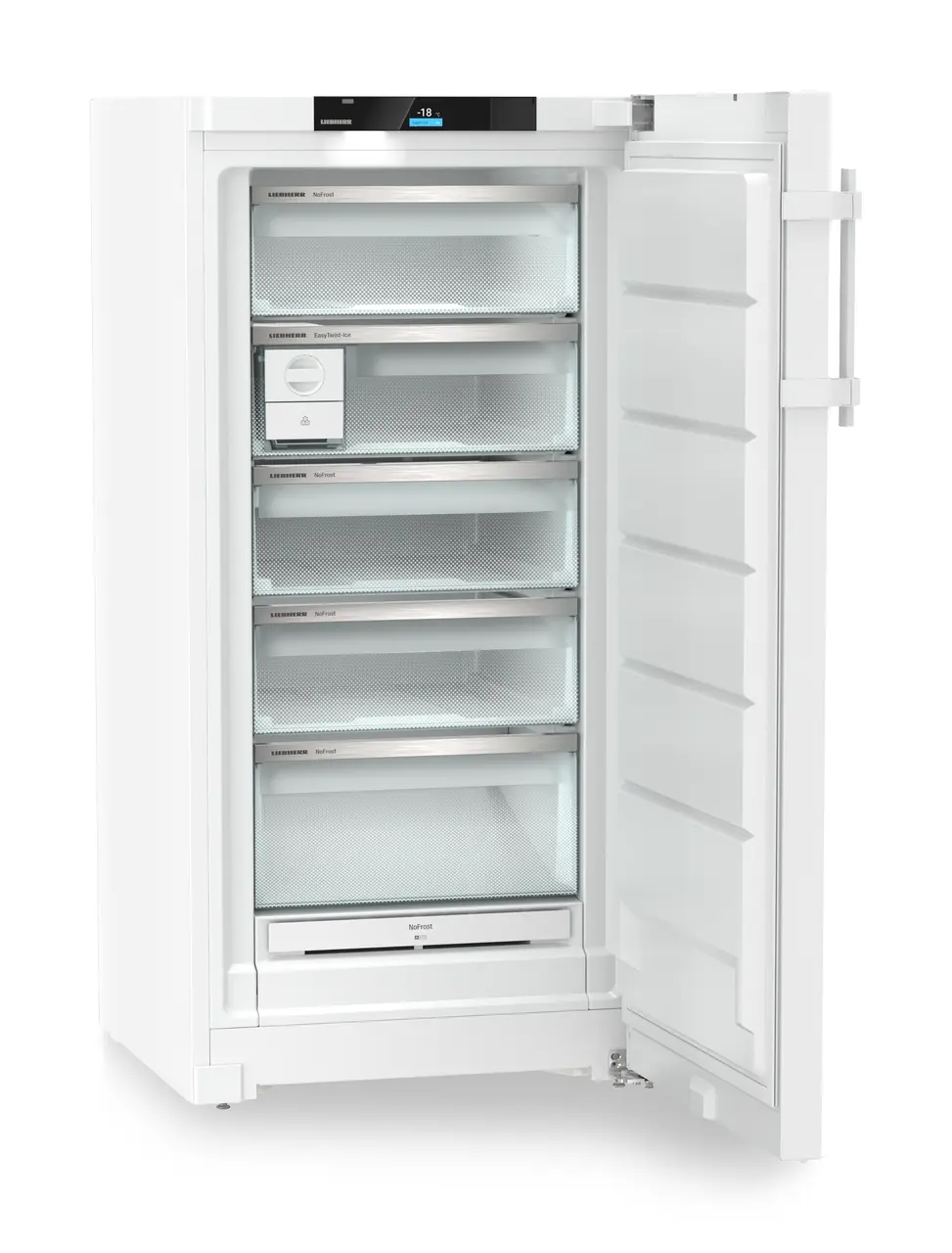 Product image, Perspective: oblique open empty, Freestanding freezer with NoFrost and EasyTwist-Ice, Casing colour: white, Door colour: white