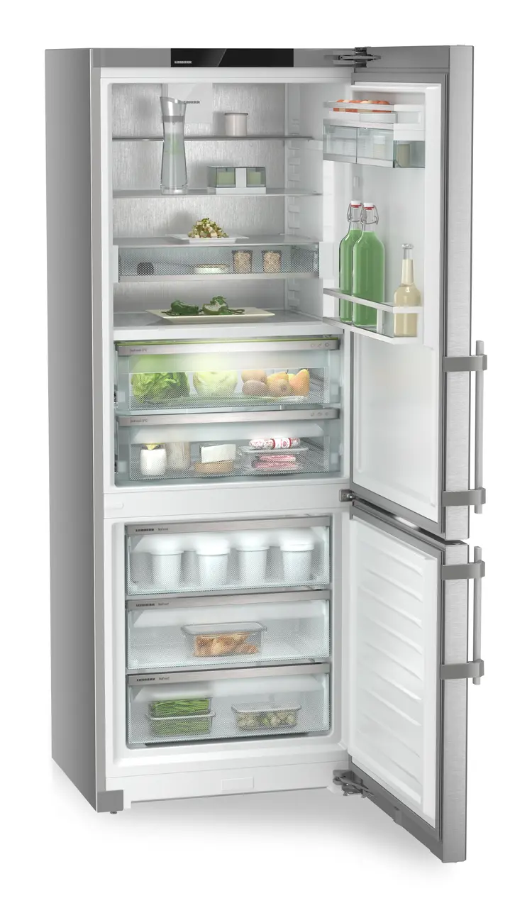 Product image, Perspective: oblique open decorated, Fridge-freezer with BioFresh and NoFrost, Casing colour: silver, Door colour: stainless steel