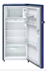 Product image, Perspective: straight open empty, Single-door refrigerator 191 l in 2 Star and with horizontal handle, Casing colour: blue, Door colour: Blue Hibiskus