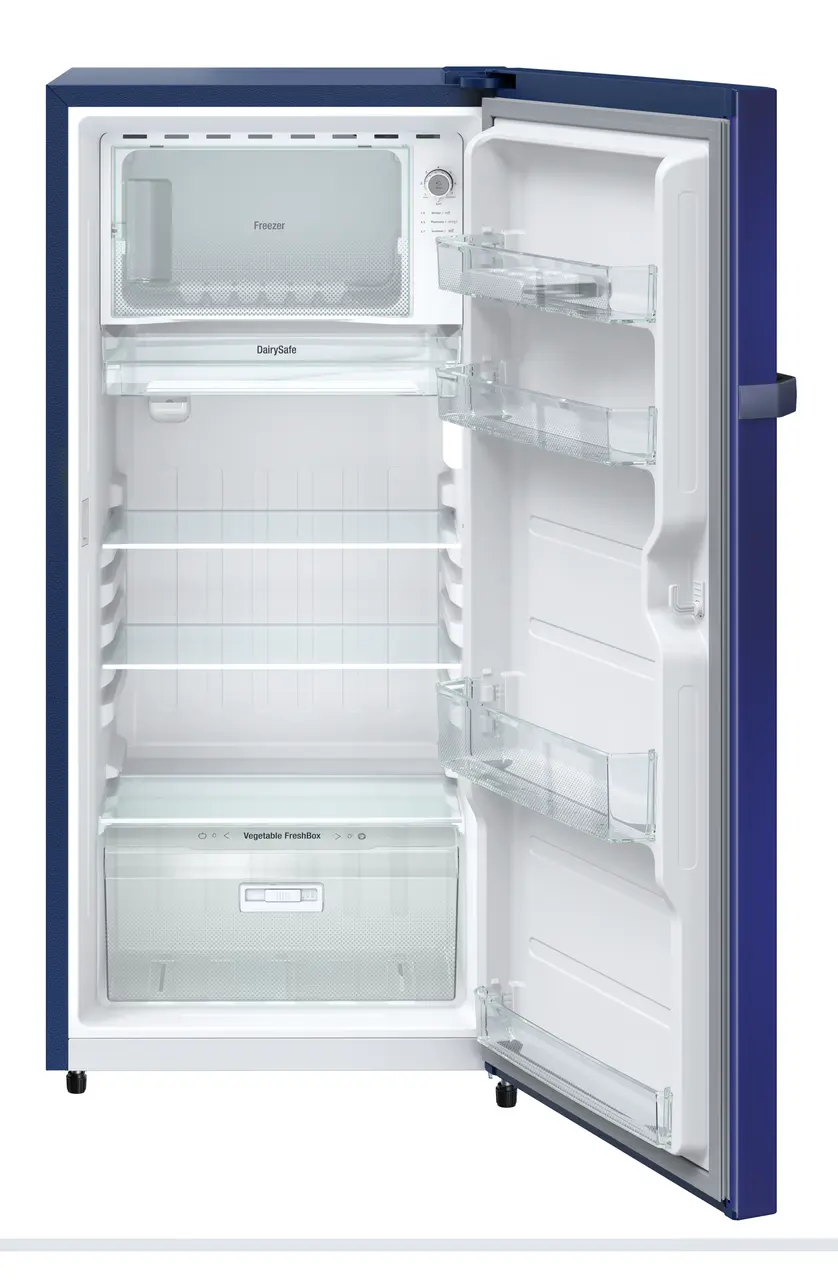 Product image, Perspective: straight open empty, Single-door refrigerator 191 l in 2 Star and with horizontal handle, Casing colour: blue, Door colour: Blue Hibiskus
